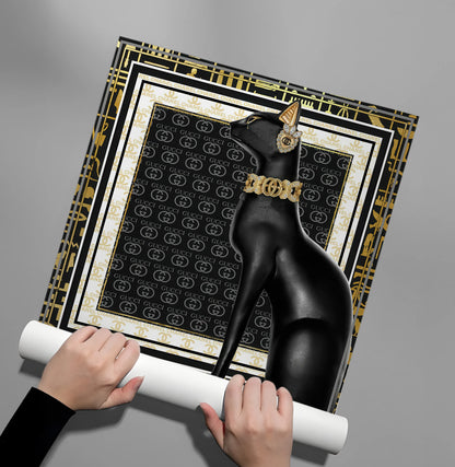 Hands unrolling large Bastet cat poster with Gucci Chanel pattern background
