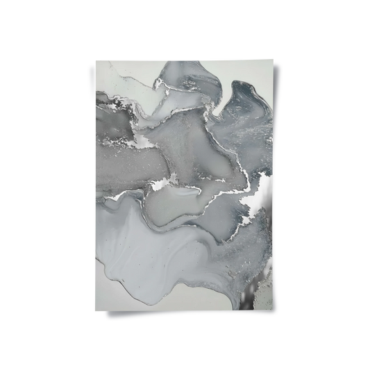 Abstract fluid art print, grey and metallic silver, modern wall decor poster
