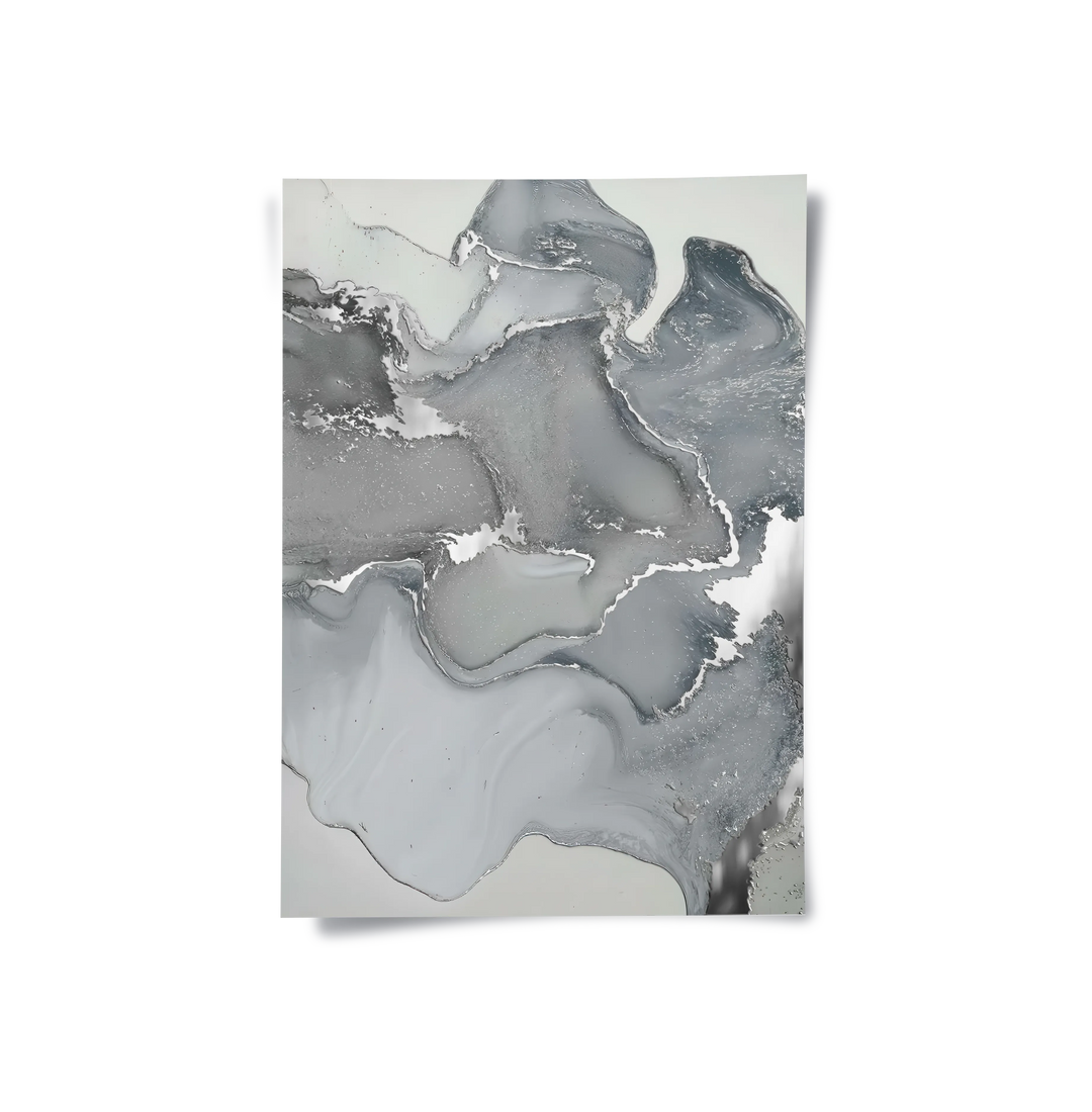 Abstract fluid art print, grey and metallic silver, modern wall decor poster