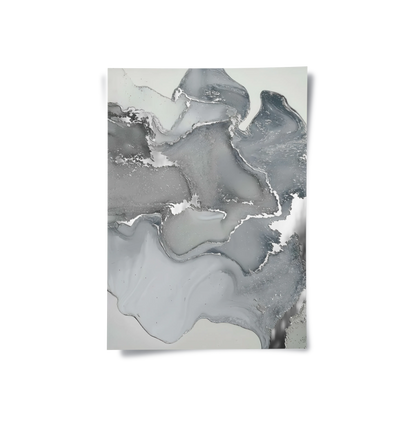 Abstract fluid art print, grey and metallic silver, modern wall decor poster