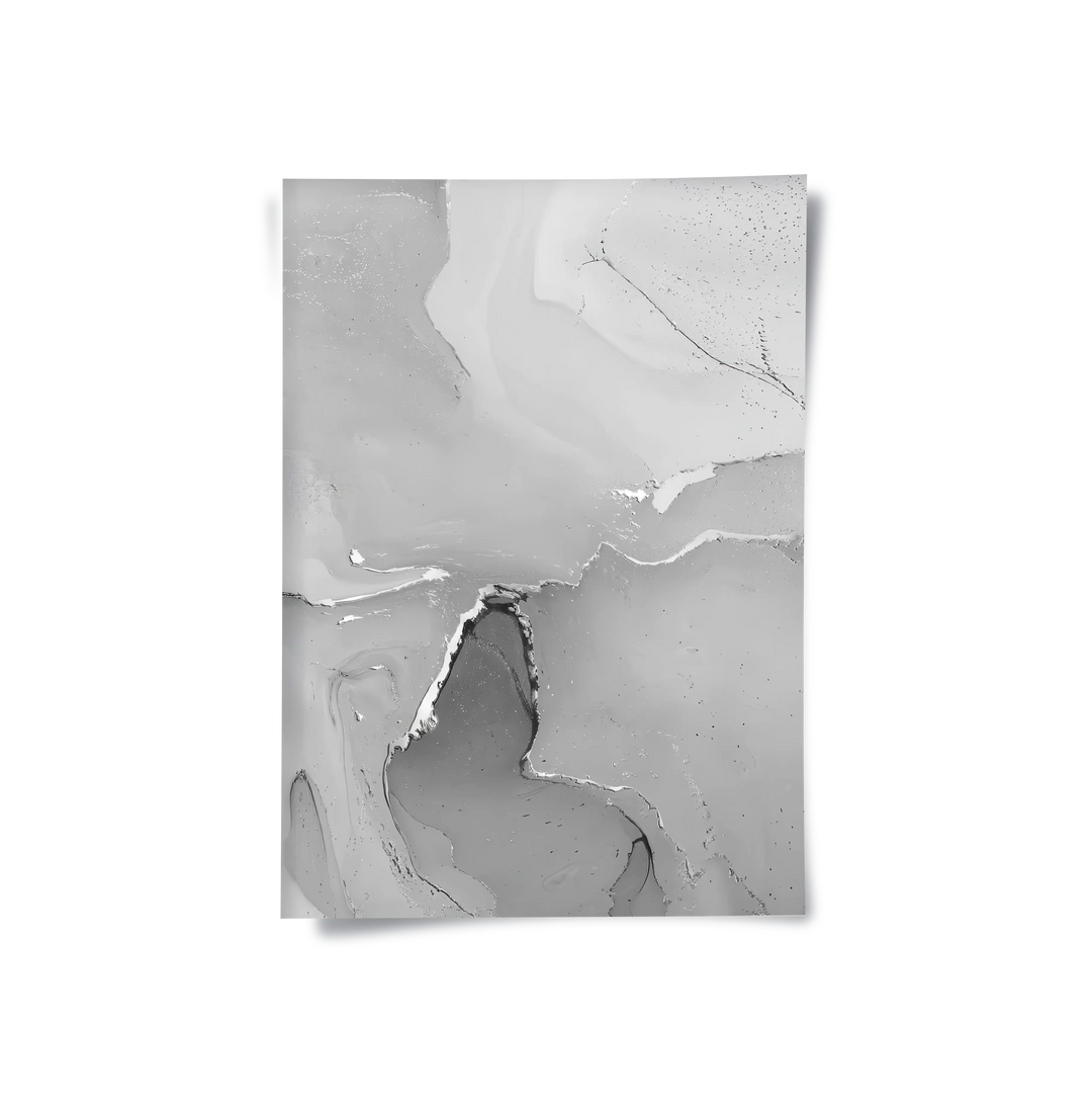 Monochromatic abstract art print featuring light grey, dark grey, and white fluid ink patterns poster