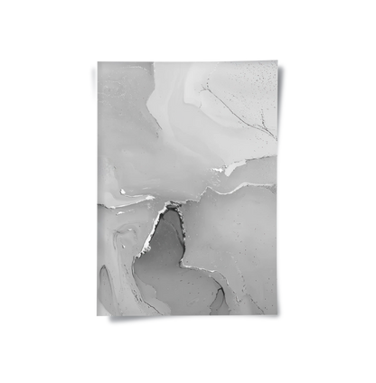 Monochromatic abstract art print featuring light grey, dark grey, and white fluid ink patterns poster