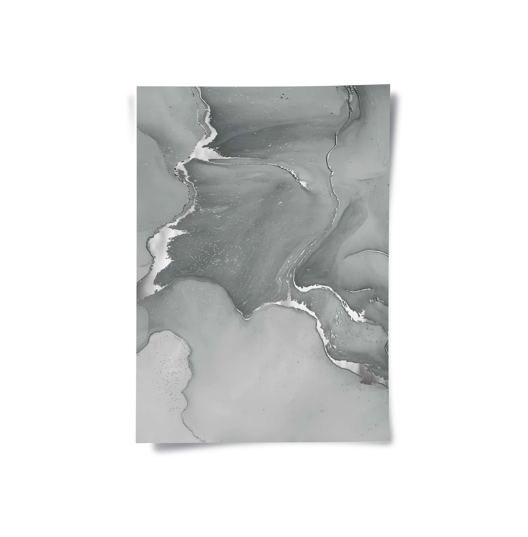 Close-up of abstract fluid art print in shades of grey with metallic silver detailing poster
