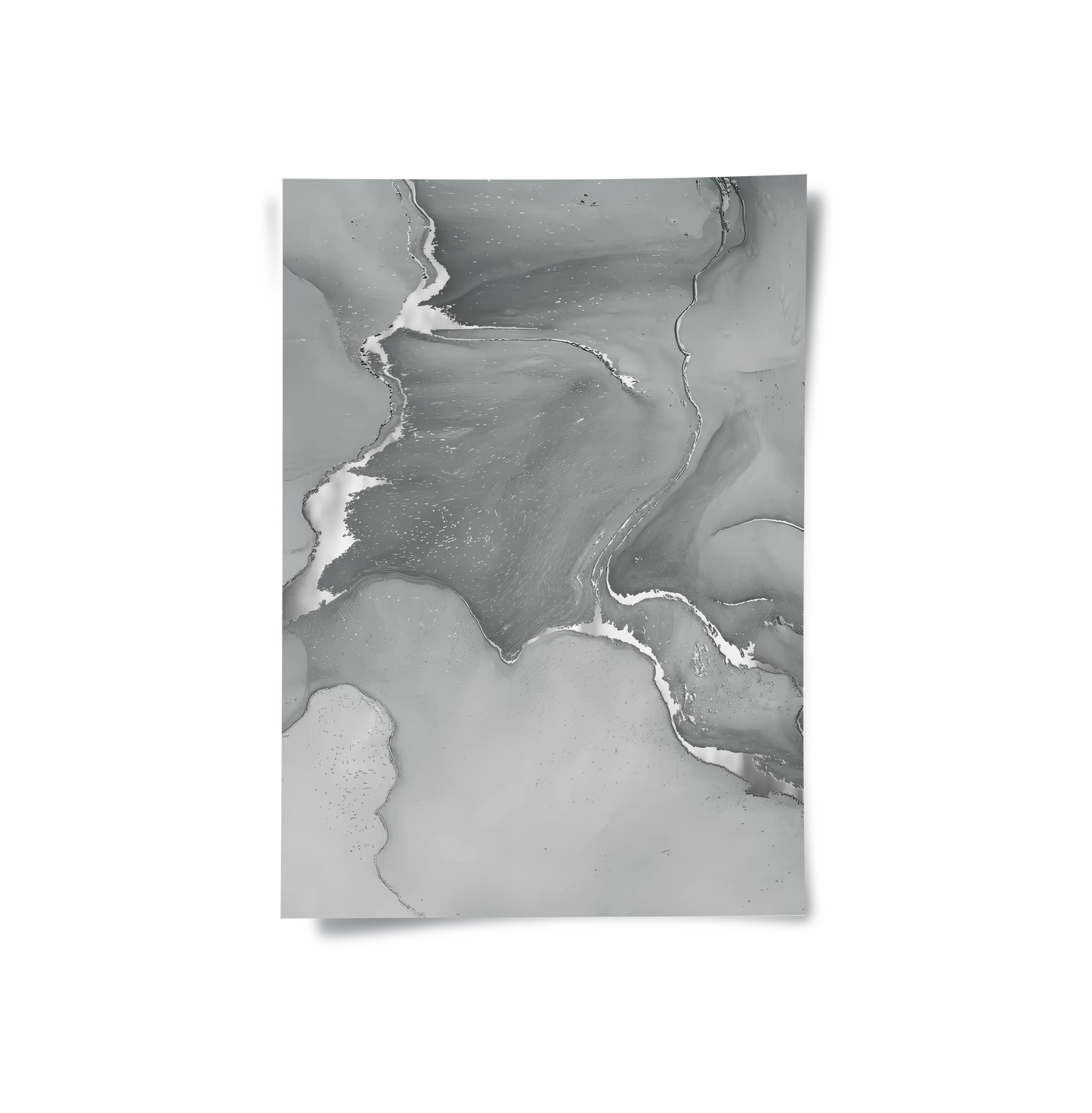 2Close-up of abstract fluid art print in shades of grey with metallic silver detailing poster
