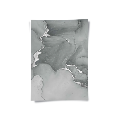 Close-up of abstract fluid art print in shades of grey with metallic silver detailing poster