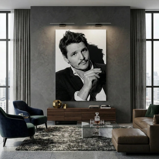 Pedro Pascal Black and White Cinematic Portrait - Canvas