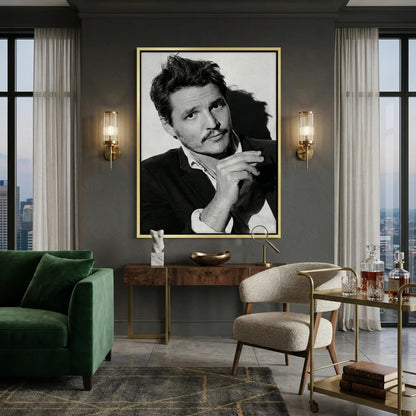 Pedro Pascal Black and White Cinematic Portrait - Canvas