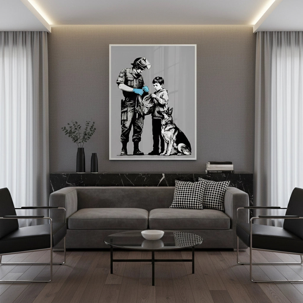 2Police Officer and Boy with K9 Dog - Fine Art