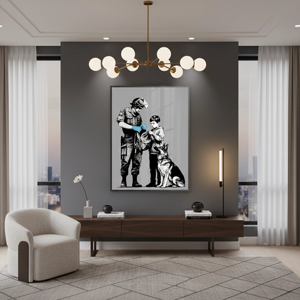 2Police Officer and Boy with K9 Dog - Fine Art