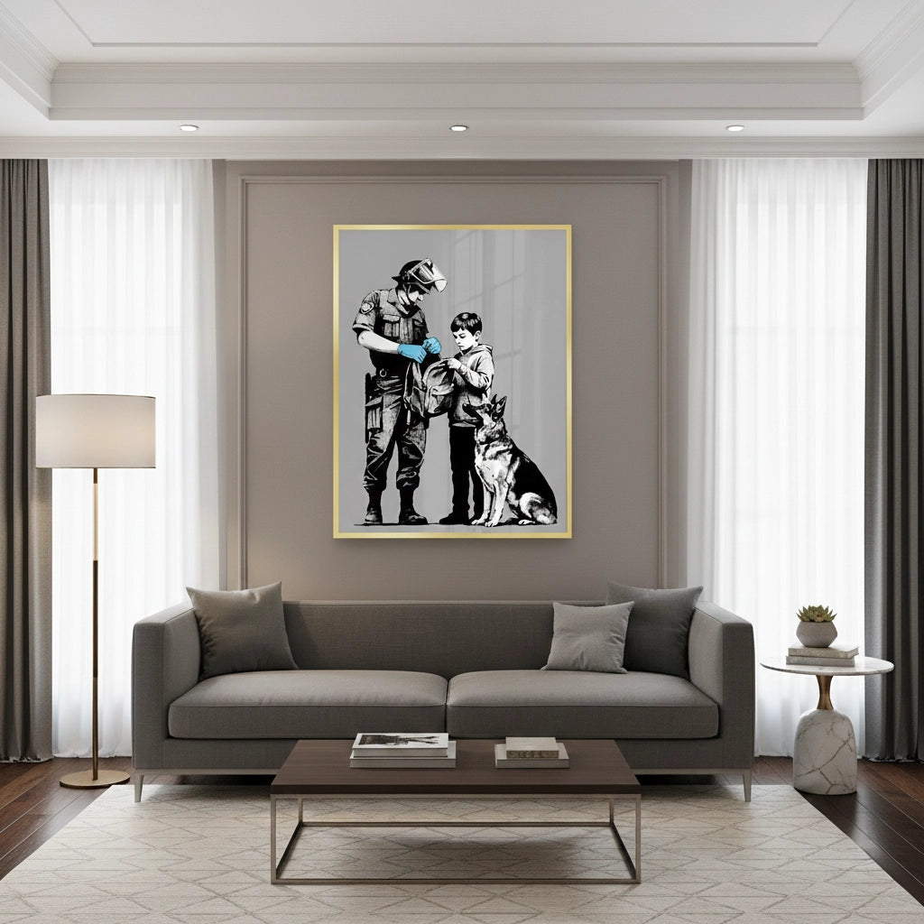 2Police Officer and Boy with K9 Dog - Fine Art