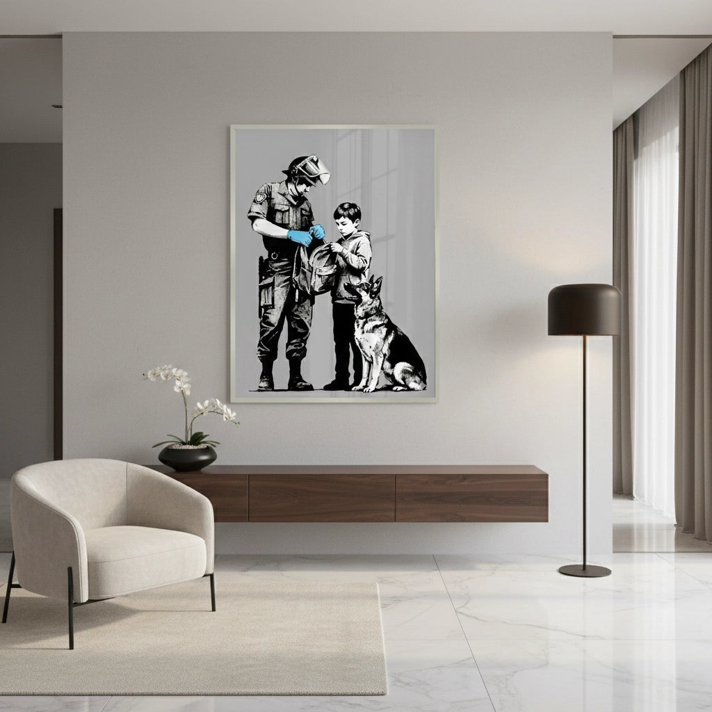 2Police Officer and Boy with K9 Dog - Fine Art