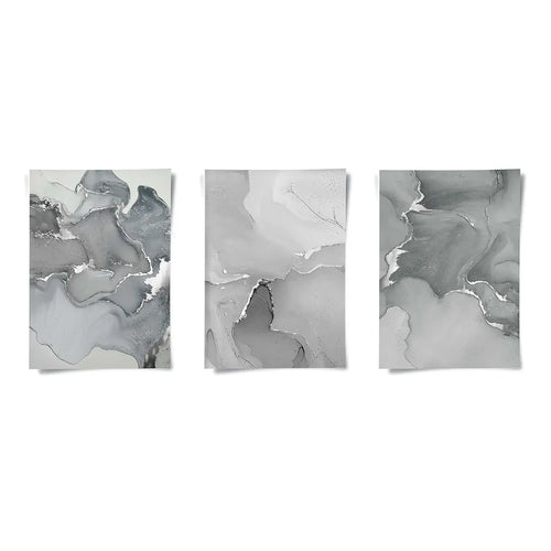 Set of 3 abstract wall art prints with a grey and silver fluid marble design Poster.