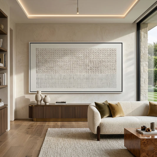Minimalist 'Pressed Patterns' canvas art with hand-impressed 3D textures and subtle shadow play, bringing architectural depth to a contemporary Abu Dhabi villa