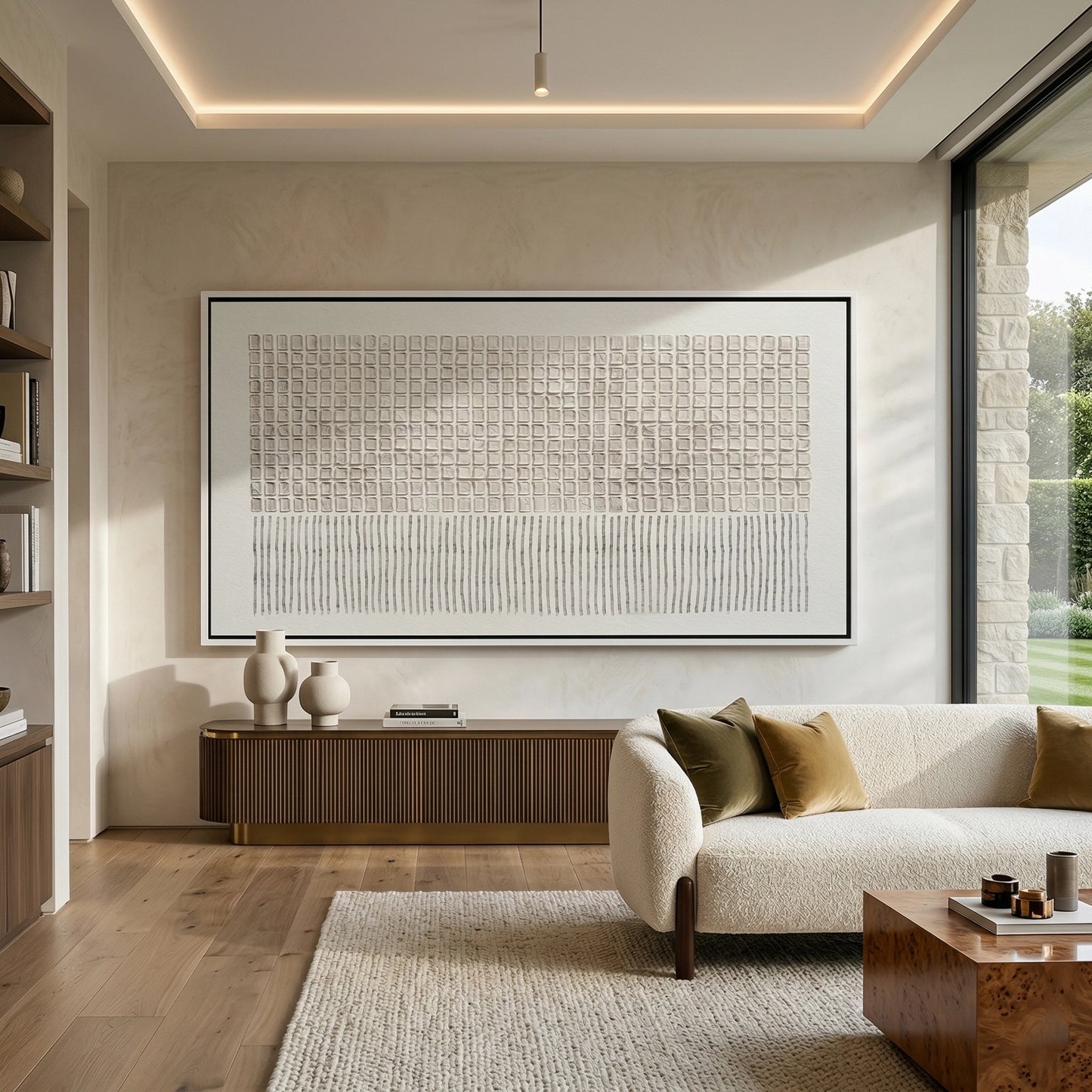 2Minimalist 'Pressed Patterns' canvas art with hand-impressed 3D textures and subtle shadow play, bringing architectural depth to a contemporary Abu Dhabi villa