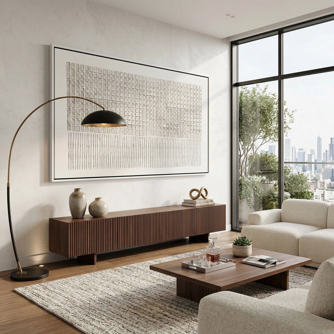 Abstract 'Pressed Patterns' textured painting with a matte mineral finish and repetitive indented details, premium neutral wall decor available in the UAE