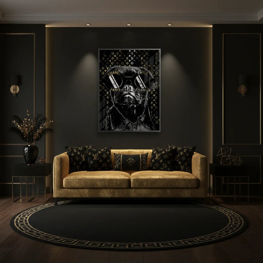 Black framed Fine Art Print of the cool Pug art displayed in a dark, luxury living room.
