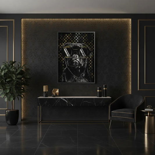 Stretched canvas print of the cool Pug art displayed in a modern, luxurious black and gold bedroom.