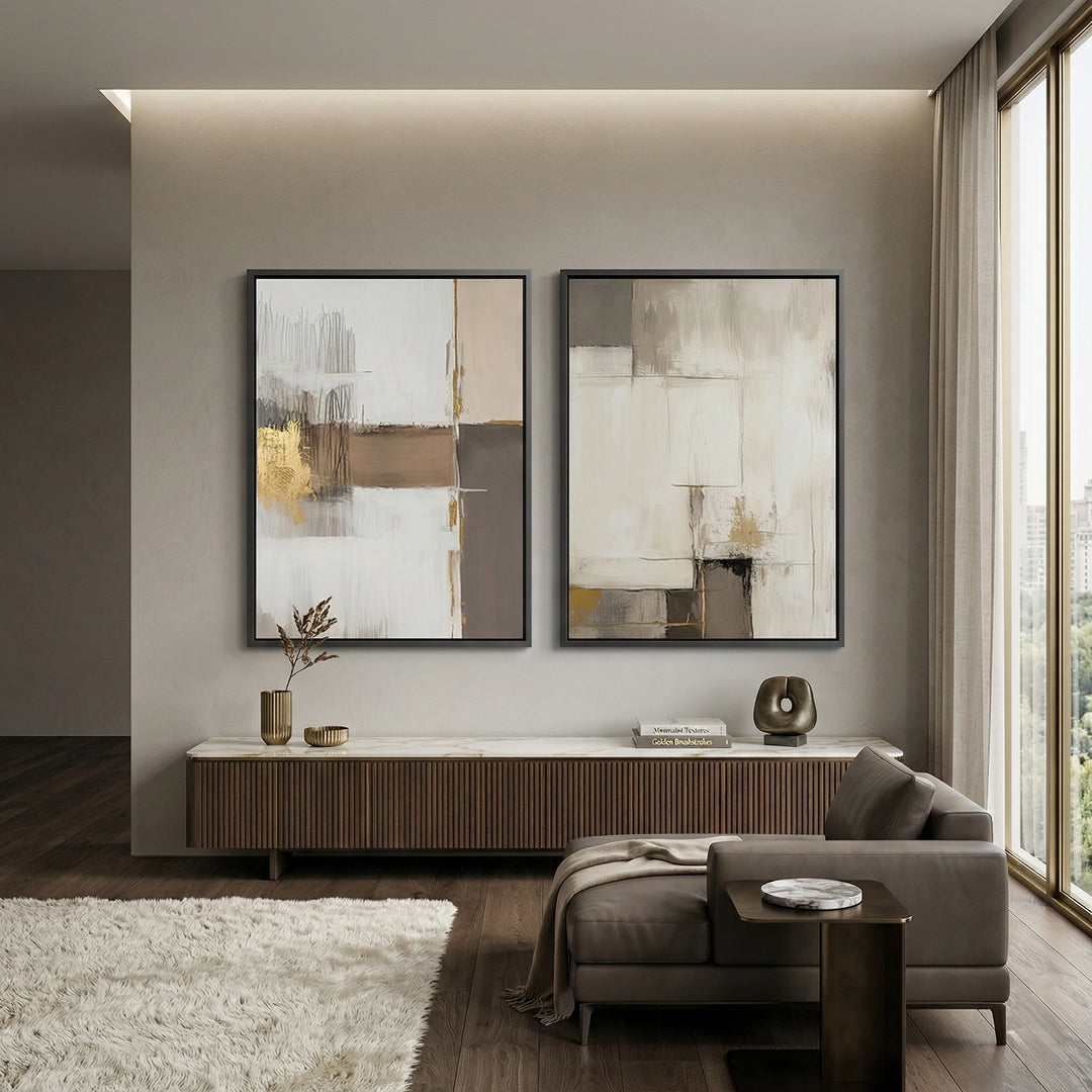 Quiet Earth Tone Set of 2 modern abstract artwork, muted earth tones, stylish UAE home accent