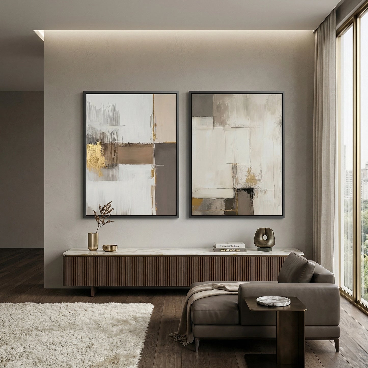 2Quiet Earth Tone Set of 2 modern abstract artwork, muted earth tones, stylish UAE home accent