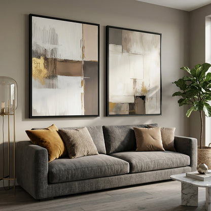 Quiet Earth Tone Set of 2 minimalist abstract prints, soothing neutral tones, luxury UAE home