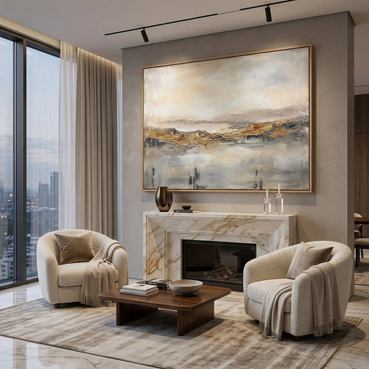 Quiet Morning abstract wall art in muted cream and grey, creating a peaceful atmosphere for a modern Abu Dhabi home.