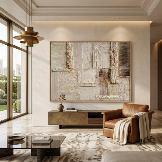 Minimalist abstract plaster artwork with soft textures and subtle earthy hues, ideal for elegant UAE interiors.