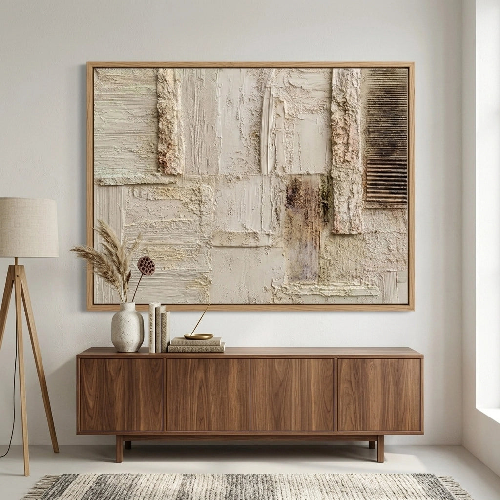 2Textured plaster art print with neutral tones and minimalist design, enhancing stylish UAE interior styling