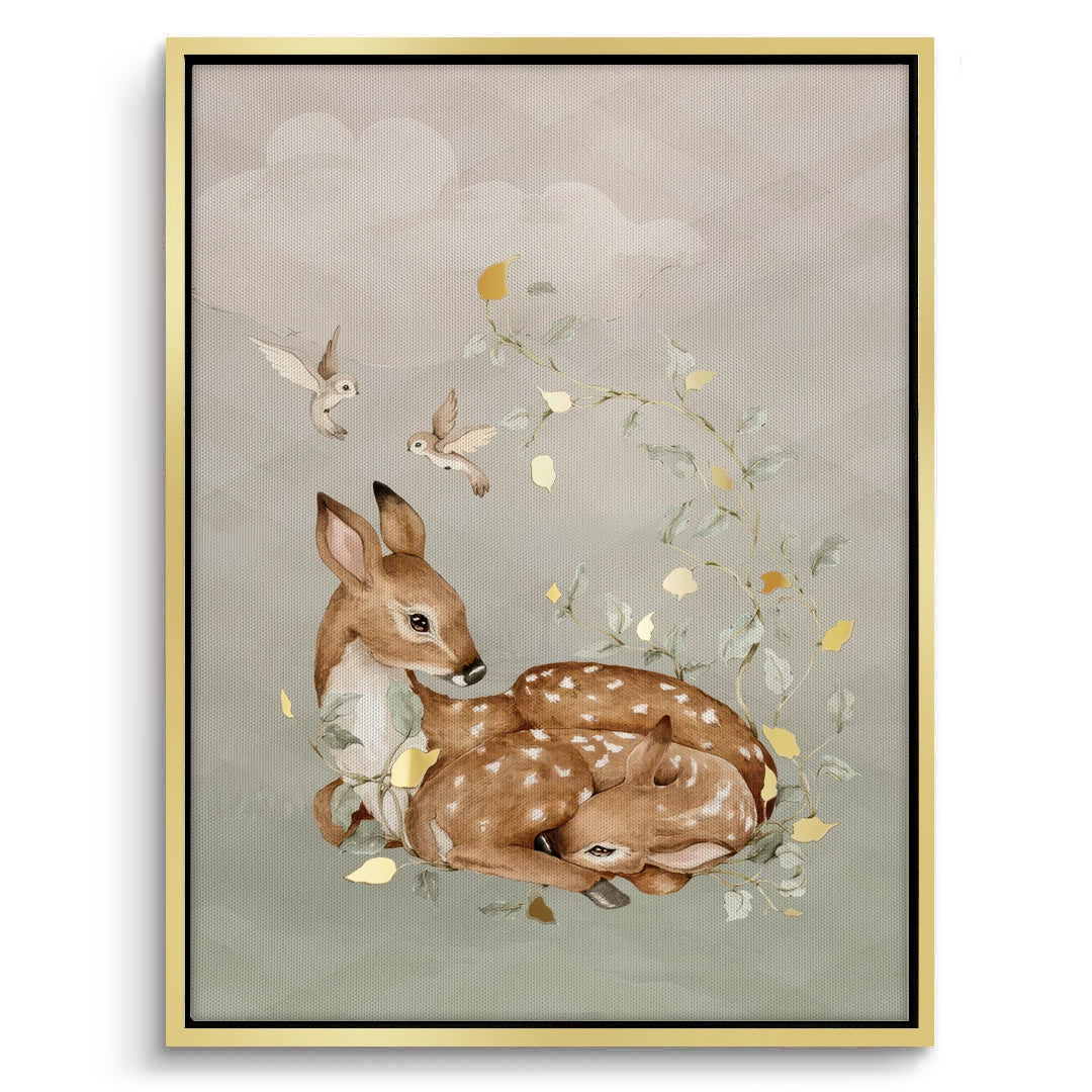 2Resting Deer & Gold Leaves  - Canvas