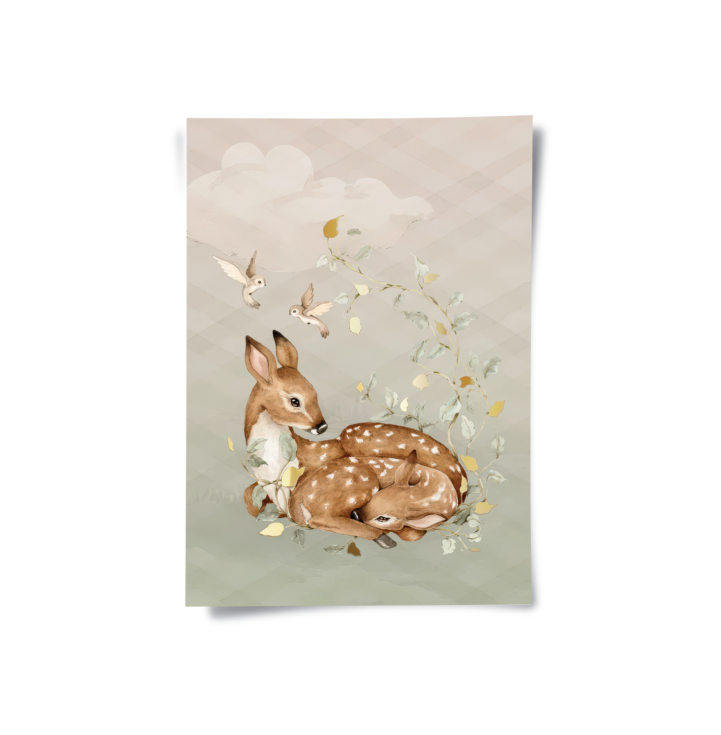 2Resting Deer & Gold Leaves - Poster