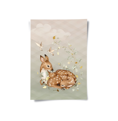 Resting Deer & Gold Leaves - Poster