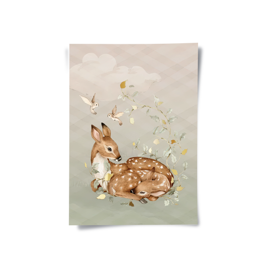 Resting Deer & Gold Leaves - Poster
