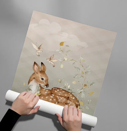 Resting Deer & Gold Leaves - Poster
