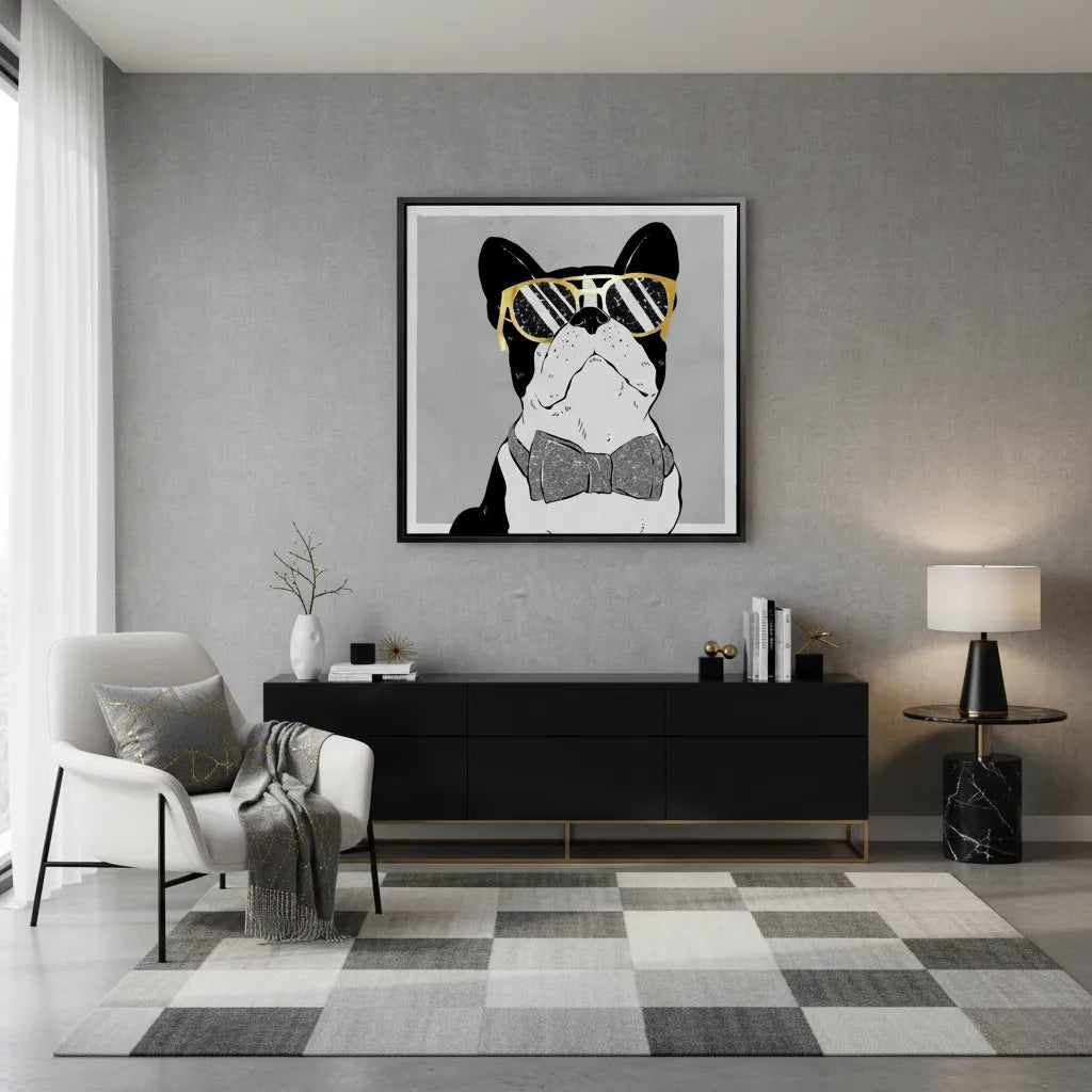 2Modern wall art decor with Frenchie canvas print black framed in minimalist living room