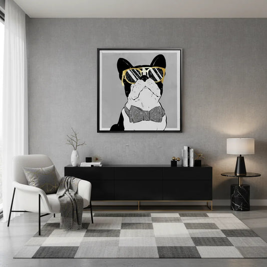 Modern wall art decor with Frenchie canvas print black framed in minimalist living room