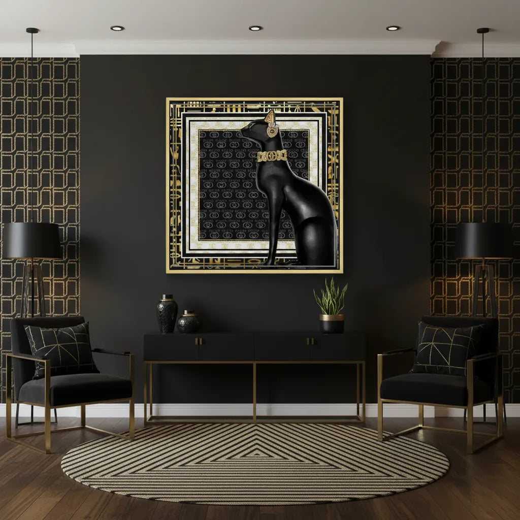 Large Black Cat gold framed canvas art in modern dark living room setting