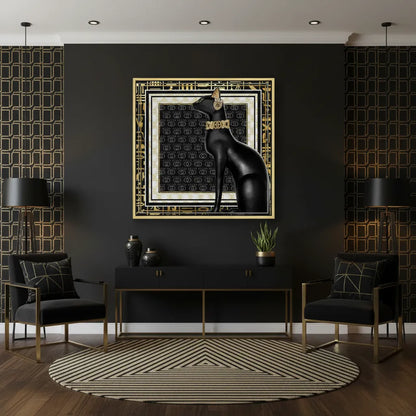 Large Black Cat gold framed canvas art in modern dark living room setting