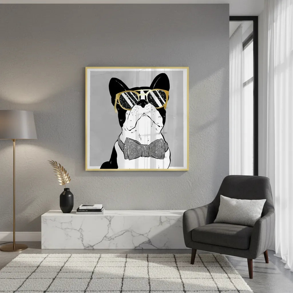 Contemporary living room with gold framed dog fine art print