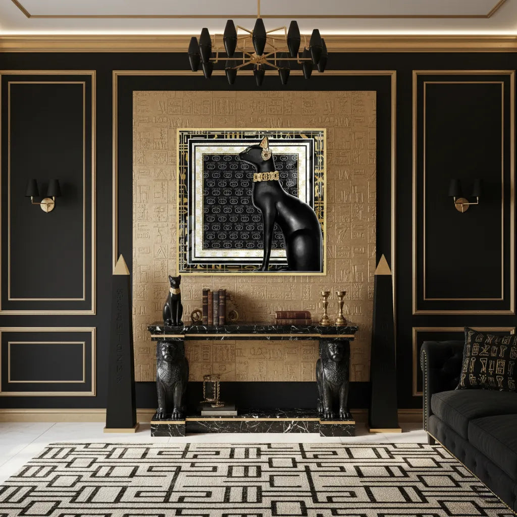 2Black and gold living room with Black Cat luxury fine art on wall