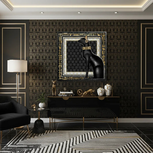 Luxury wall decor with Black Cat canvas art in chic black and gold room