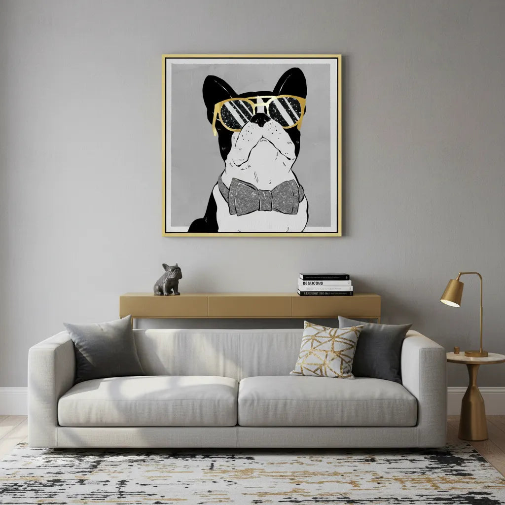 Large French Bulldog canvas print gold frame above sofa home decor