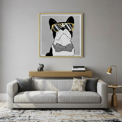 Large French Bulldog canvas print gold frame above sofa home decor