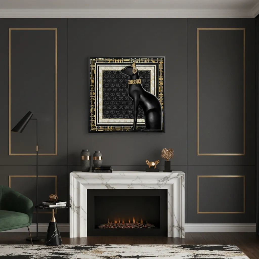 2Black framed Black Cat canvas print above fireplace in elegant dark interior