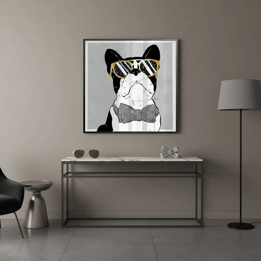 Modern wall art decor with black framed dog print in neutral interior