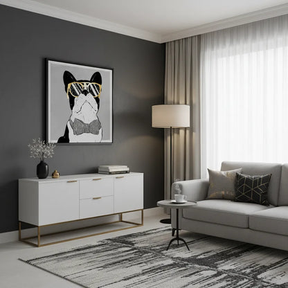 Black frmed Frenchie canvas print above cabinet in dark modern room