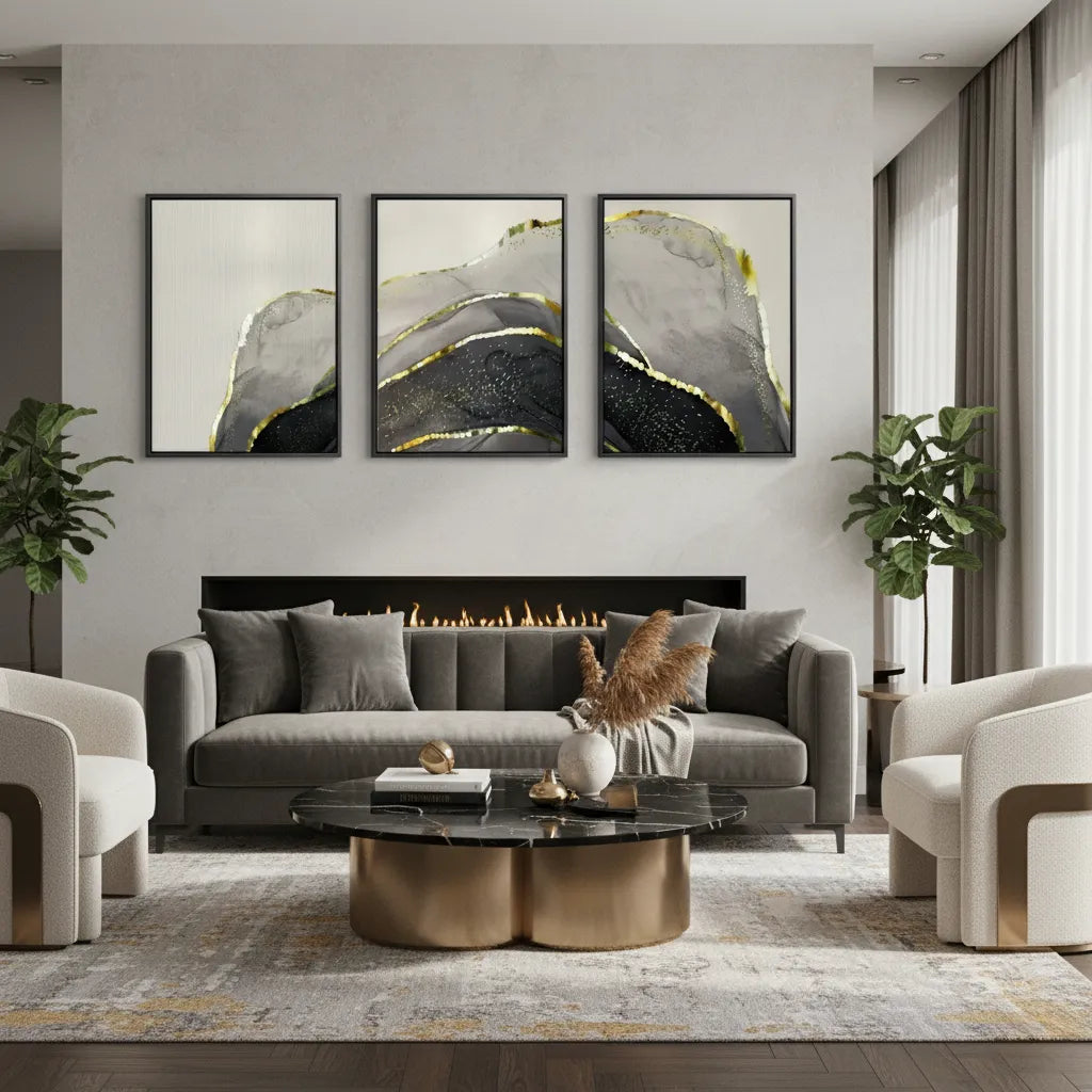 2Modern living room with gray sofa, coffee table, and abstract wall art.
