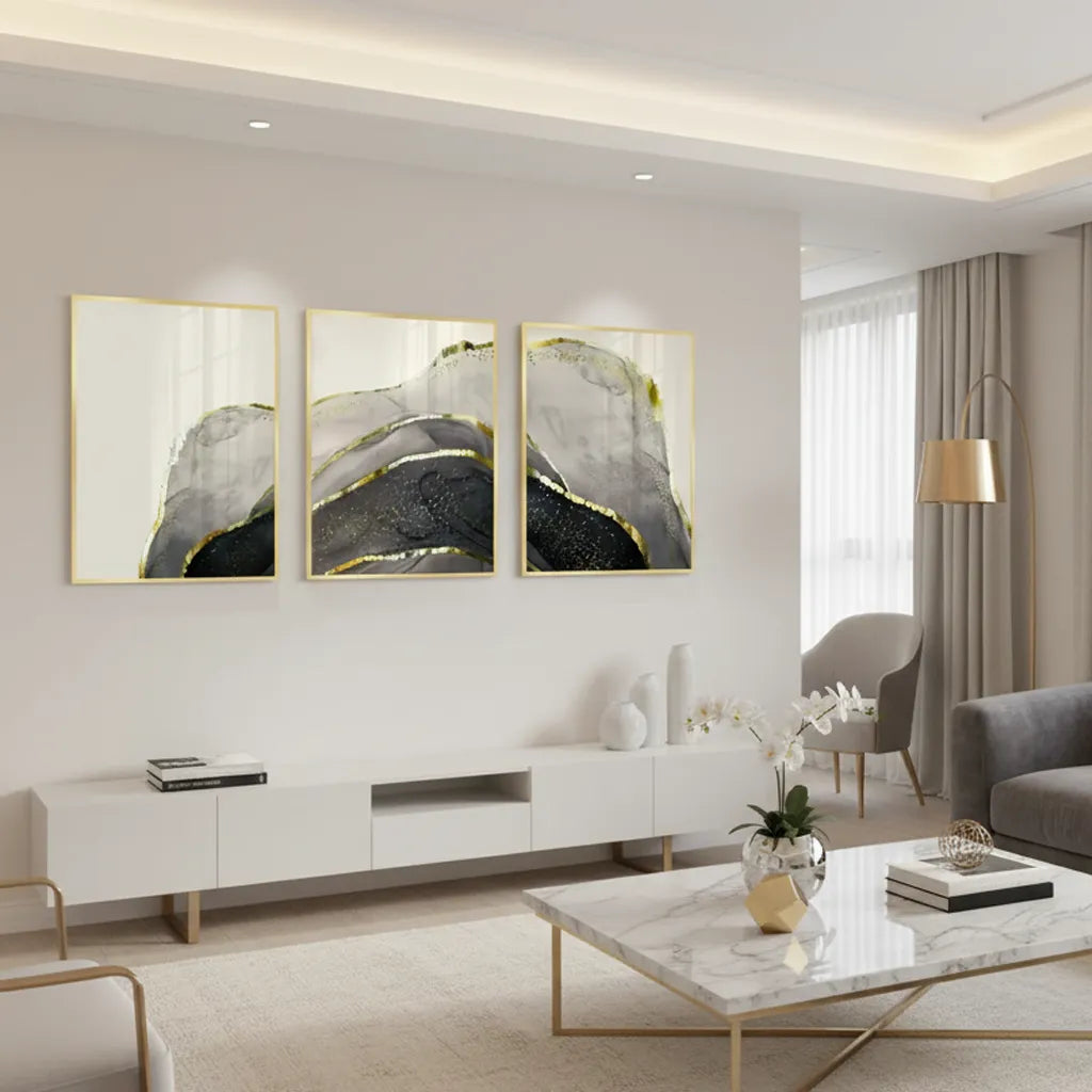 Golden Geode Set of 3 - Fine Art - Jasmineart.ae