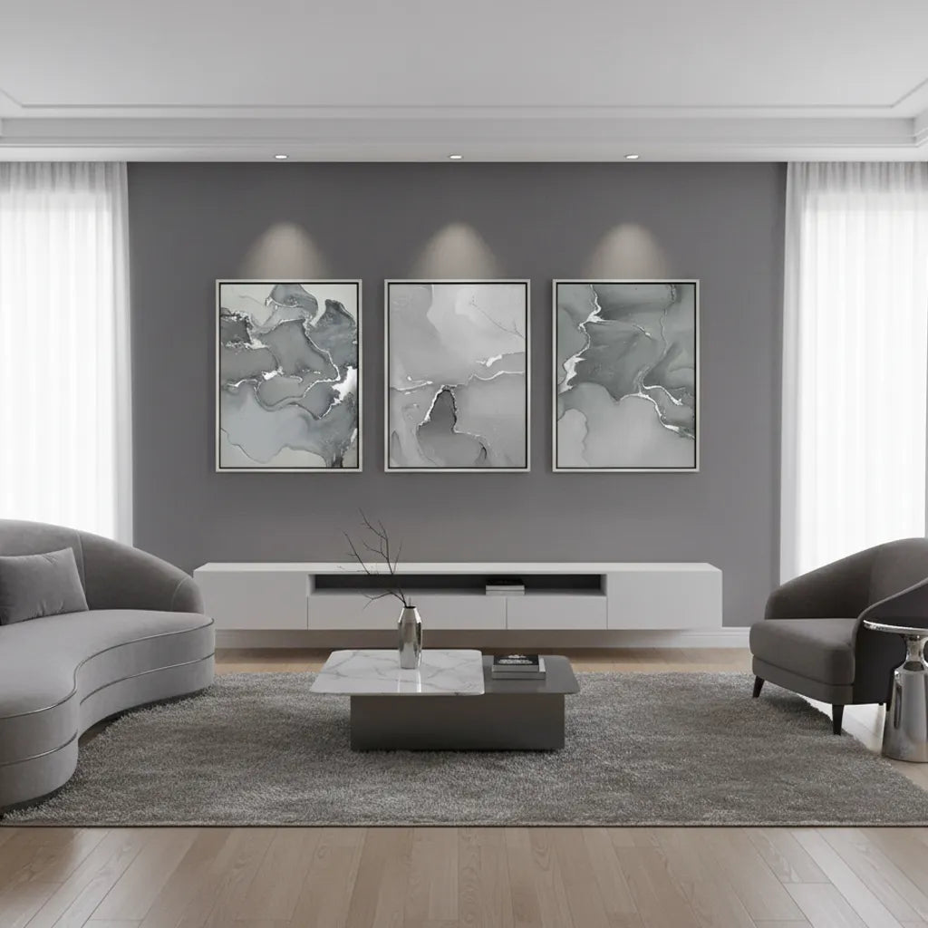 2Framed set of 3 grey abstract canvas art in modern home