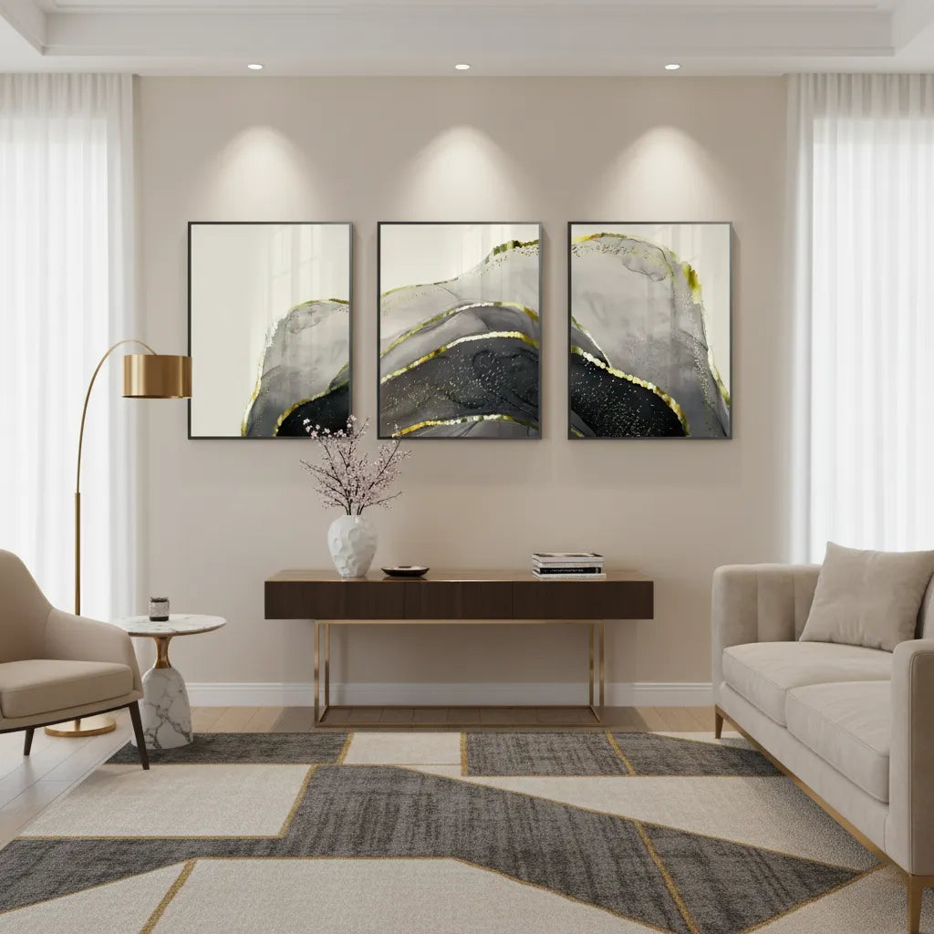 Golden Geode Set of 3 - Fine Art - Jasmineart.ae