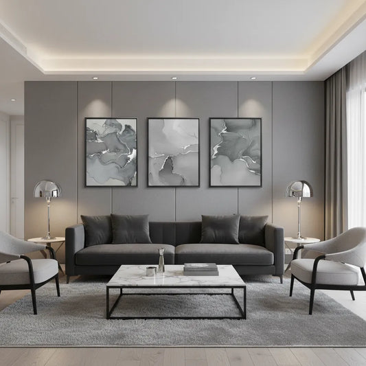 Modern living room decor with 3-panel grey abstract canvas set