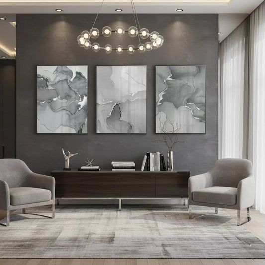 Large 3-piece abstract canvas in modern dining room mockup